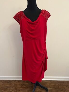 Alex Evenings Red Beaded Cap-Sleeve Midi Dress